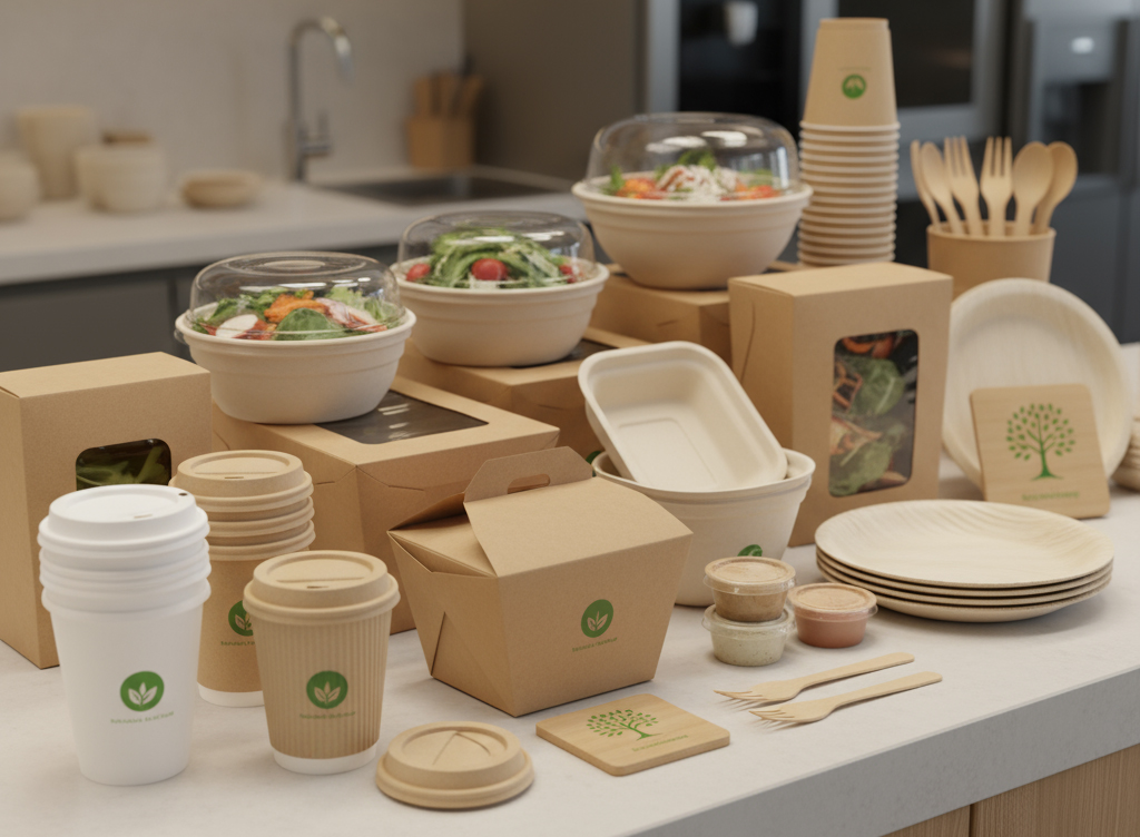 A variety of eco-friendly food packaging supplies, including paper coffee cups with lids, takeaway boxes, and salad bowls, are neatly arranged on a clean restaurant counter, showcasing an extensive range of packaging solutions ideal for food service businesses. This display highlights the commitment to quality and sustainability in packaging products.